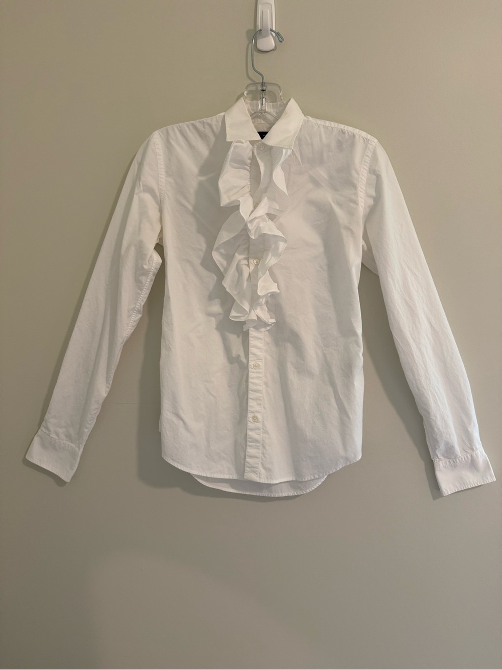 Ralph Lauren Blue Label White Jabot Ruffle Front Button Down Shirt Size 2